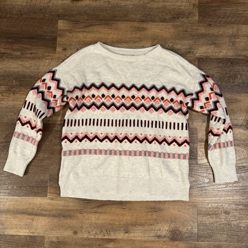 Loft Cozy Sweater Fair Isle Cottage Cotton Wool Blend Oatmeal Pink Burgundy READ